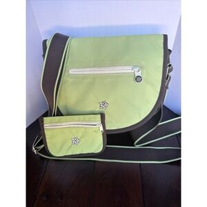 Women's Sherpani Lime Green Brown Flowers Crossbody Purse With Mini Wallet EUC